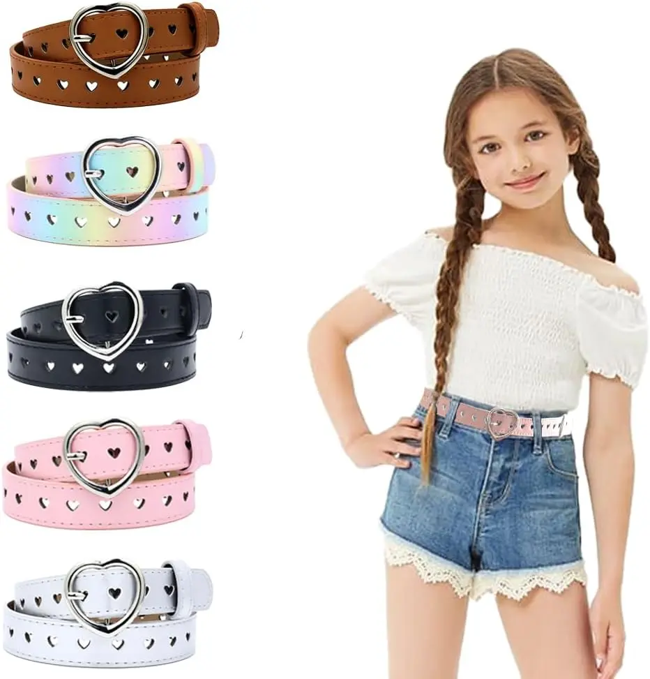 5 Pieces Girls Belt Cute Heart Shape With Metal Buckle Elastic Stretch Adjustable Waist Belt for Girls Jeans Dress