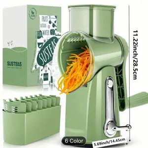 SUSTEAS Rotary Cheese Grater with Handle, 5 Well-Designed Blades, Strong Suction Cup Base, Kitchen Utensils