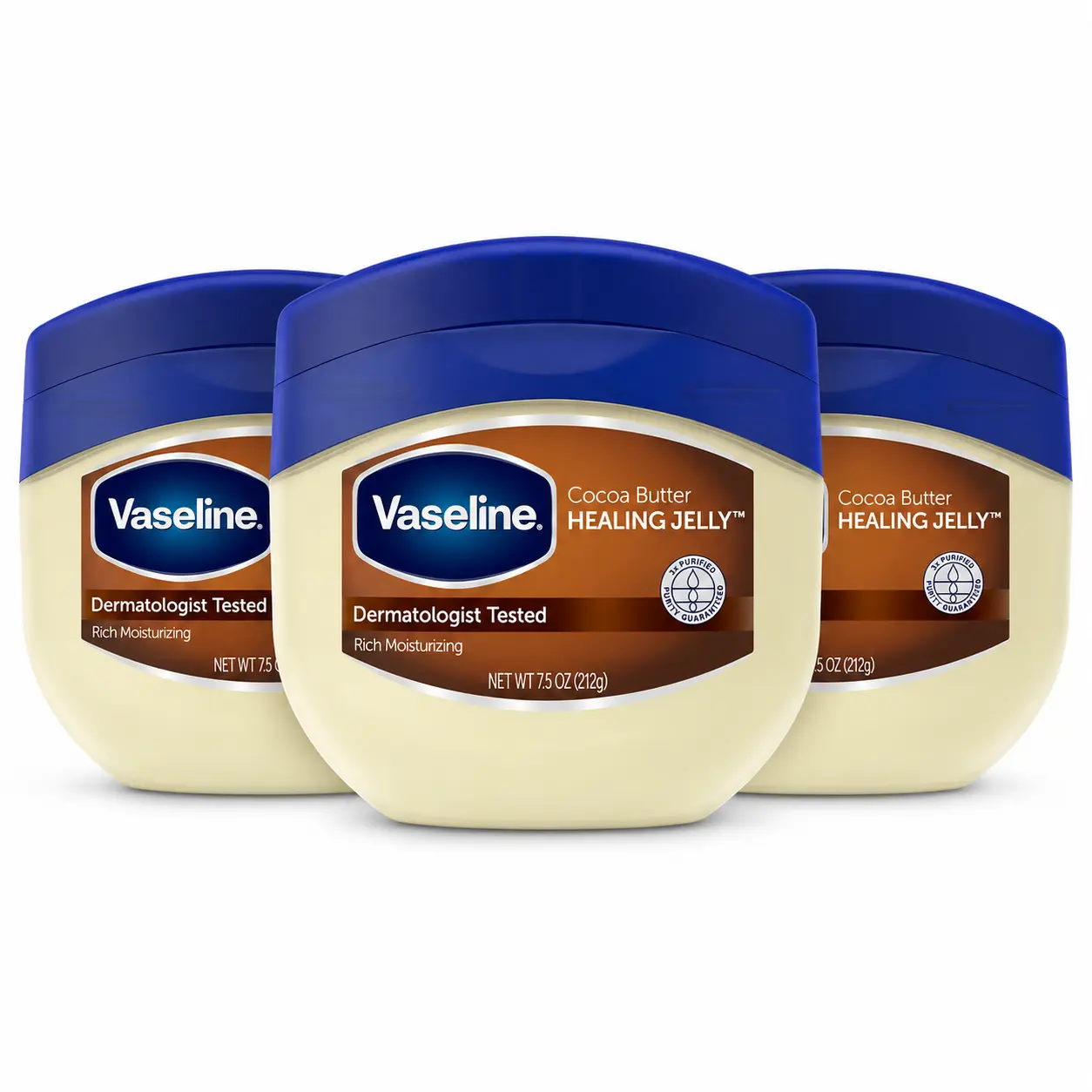 Vaseline Blue Seal Cocoa Butter Petroleum Jelly (212g/7.5oz) - Rich, Intense Hydration, Jelly Texture, Occlusive Barrier, Gentle Lightweight Body Moisturizer for All Skin Types, Head-to-Toe Daily Spot Treatment (Pack of 3)
