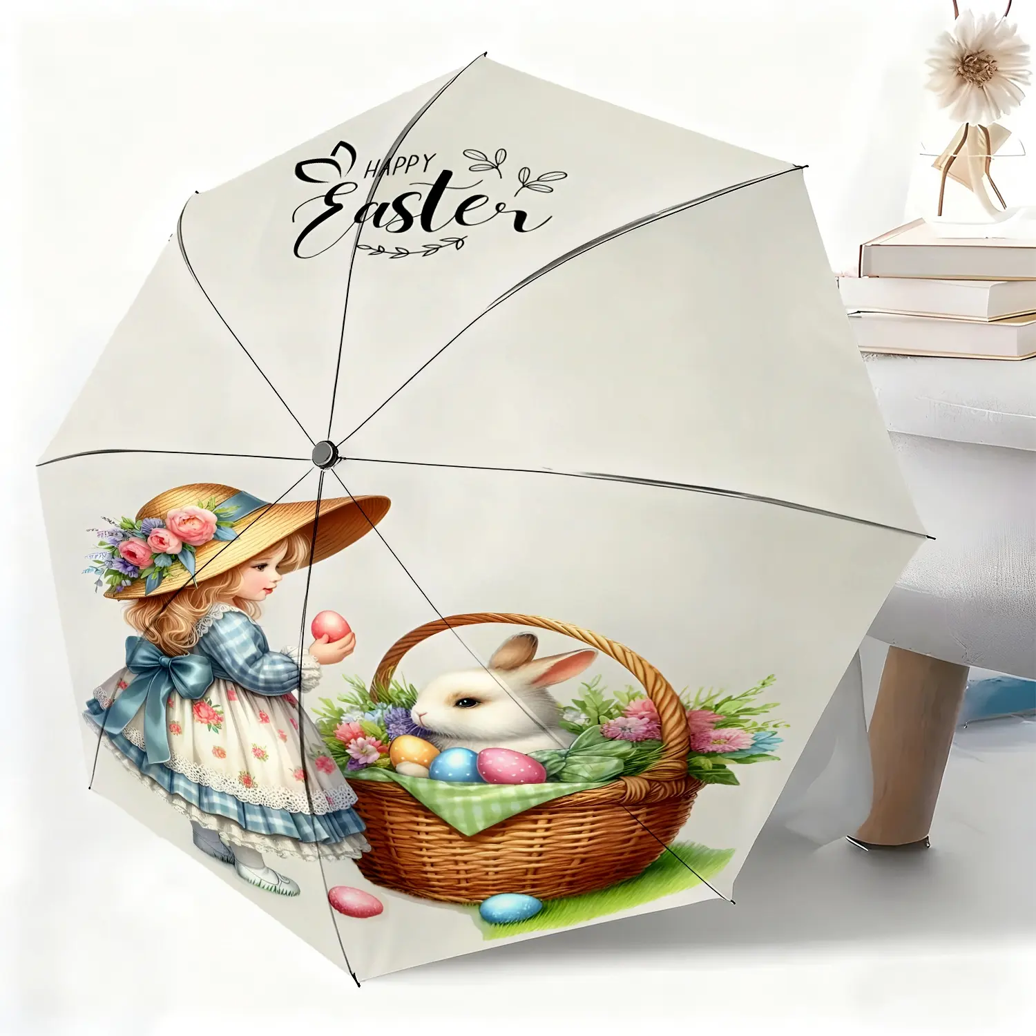 This Easter-themed waterproof folding umbrella features designs such as a bunny, Easter eggs, flower baskets, and is suitable for both men and women. It's portable and perfect for travel and everyday use.