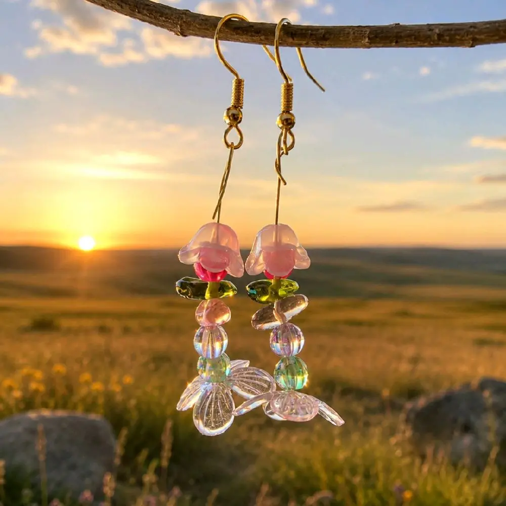 Handmade Pink Flower Earrings with Top-Quality Beads and Wire, Sturdy and Reliable
