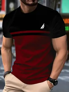 Men's Casual Fashion Fitted Round Neck T-Shirt, 3D Polyester Knit Fabric, Slight Stretch, Regular Fit, Striped Pattern, Short Sleeve, All Seasons