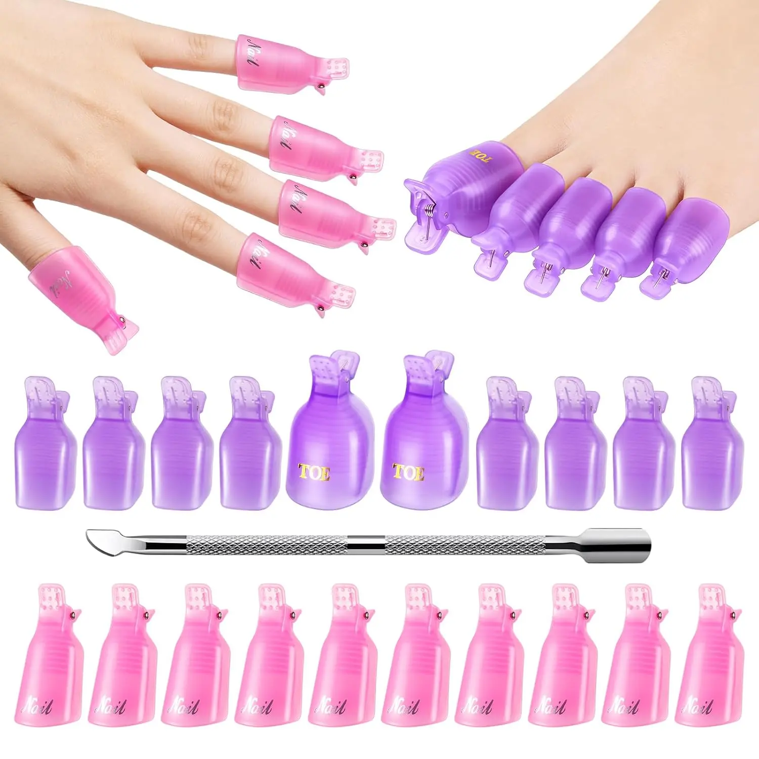 MelodySusie Nail Polish Remover Clips Kit, 20PCS Nail Art Soak Off Cap Clips for Fingers and Toes with Double-Ended Cuticle Pusher Professional Nail Gel Remover Tools