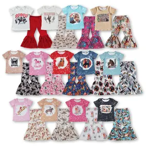 C Kids Girl Bell Bottom Outfit Rodeo Western Clothing Set Horse Country Cowgirls Clothes