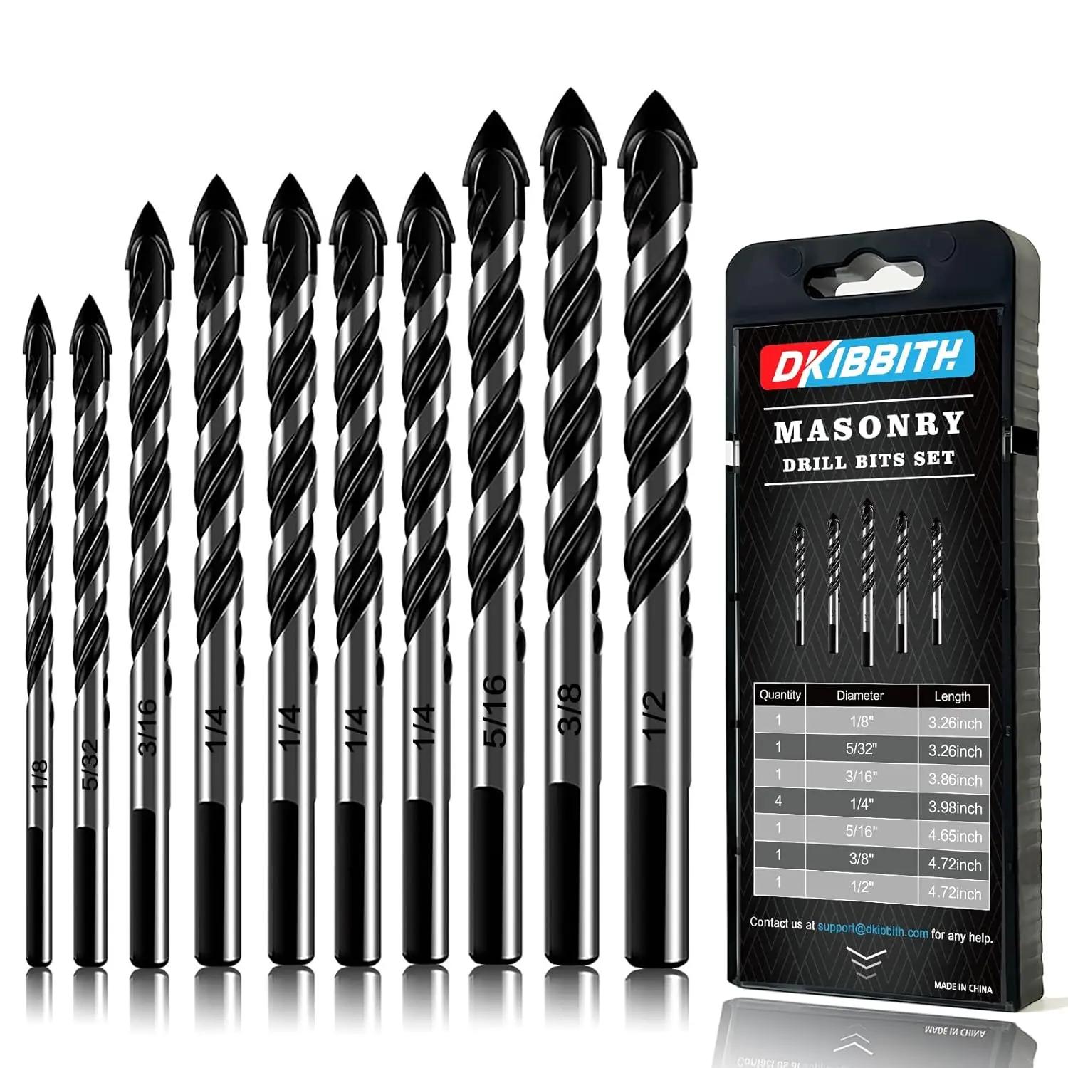 10-Piece YG8 Tungsten Steel Alloy Tip Masonry Drill Bits Set, 1/8 to 1/2 In Triangle Handle 3-Flat Shank Bits for Tile, Glass, Ceramic, Brick, Wood (Black)