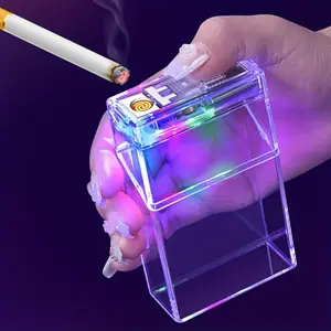 Transparent Cigarette Case with Lighter, Rechargeable Windproof Cigarette Lighter, USB Rechargeable Lighter, Compatible with Soft and Hard Cases, Cigarette Case Holder That Can Hold 20 Cigarettes