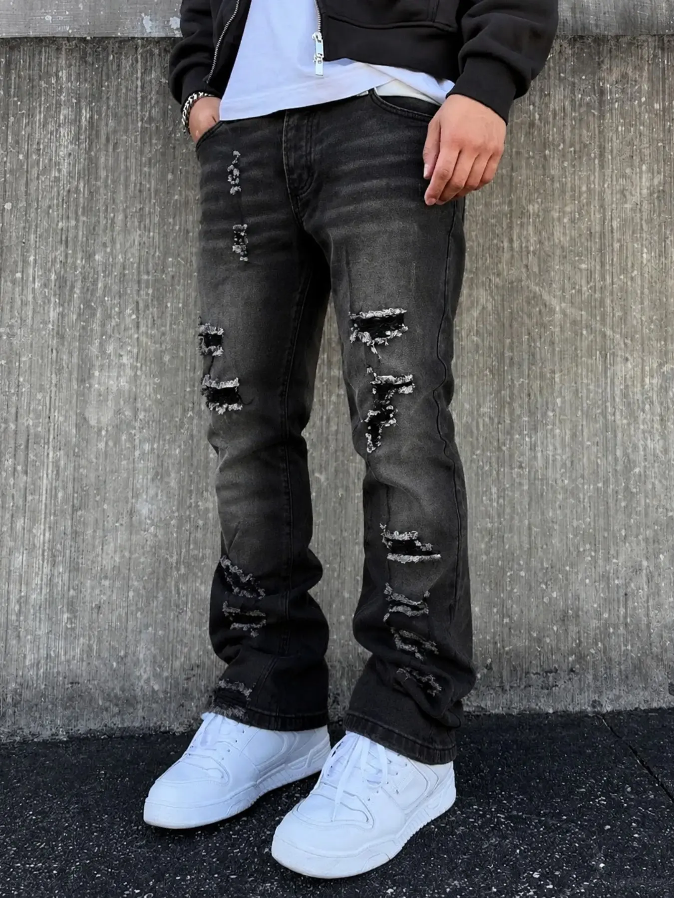 Men's Versatile Leg-Lengthening American Streetwear Jeans Pants, Four-Season Washed Ripped Micro-Rise Denim Slight Flare Design Flare Jeans