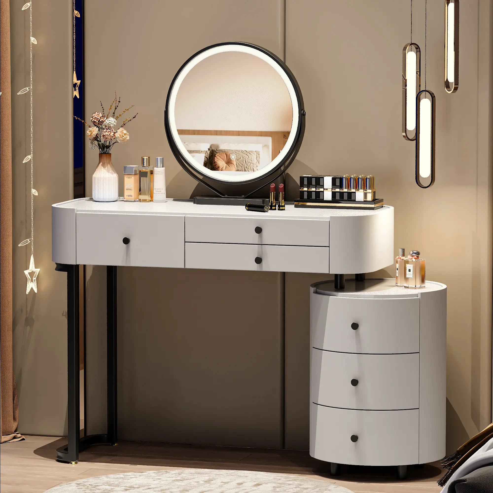 Minimalist MDF & Metal Round Makeup Vanity Table with Sturdy Adjustable Frame, Removable Mirror, 360°-Rotating Side Cabinet, Storage, Easy Assembly, Furniture for Small Spaces, Modern Dressing Table for Bedrooms (Assembly Required)