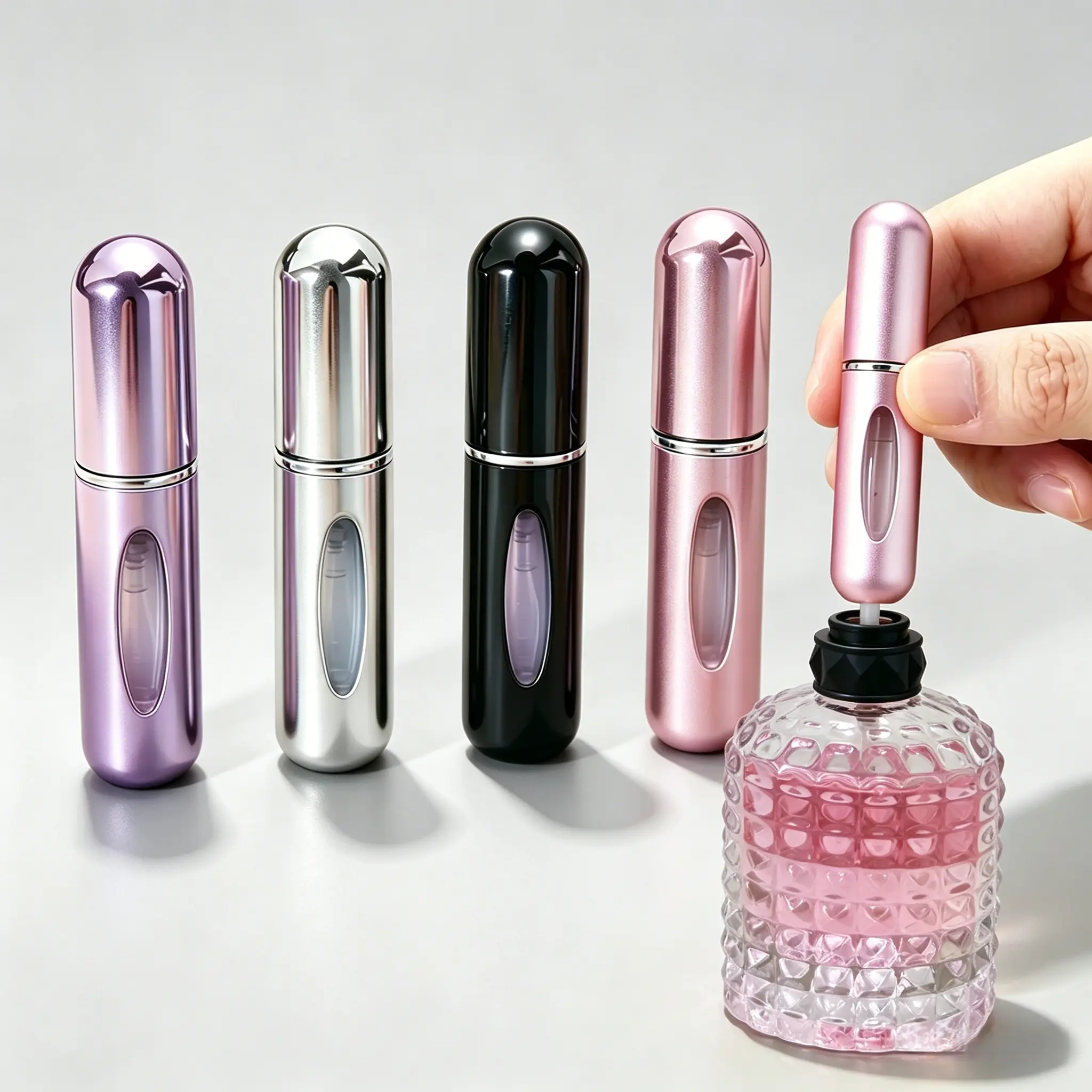 4 Pack Cosmetic Refillable Perfume Atomizers - 5ml Leak-Proof Portable Aluminium Bottles, Bottom Valve Refill, Visible Window, Elliptical Form for Travel, Daily Use, Birthday Gifting, Adults, Airplane Safe, Daily Spritz, Gym, Flights, Secure Seal For Trav
