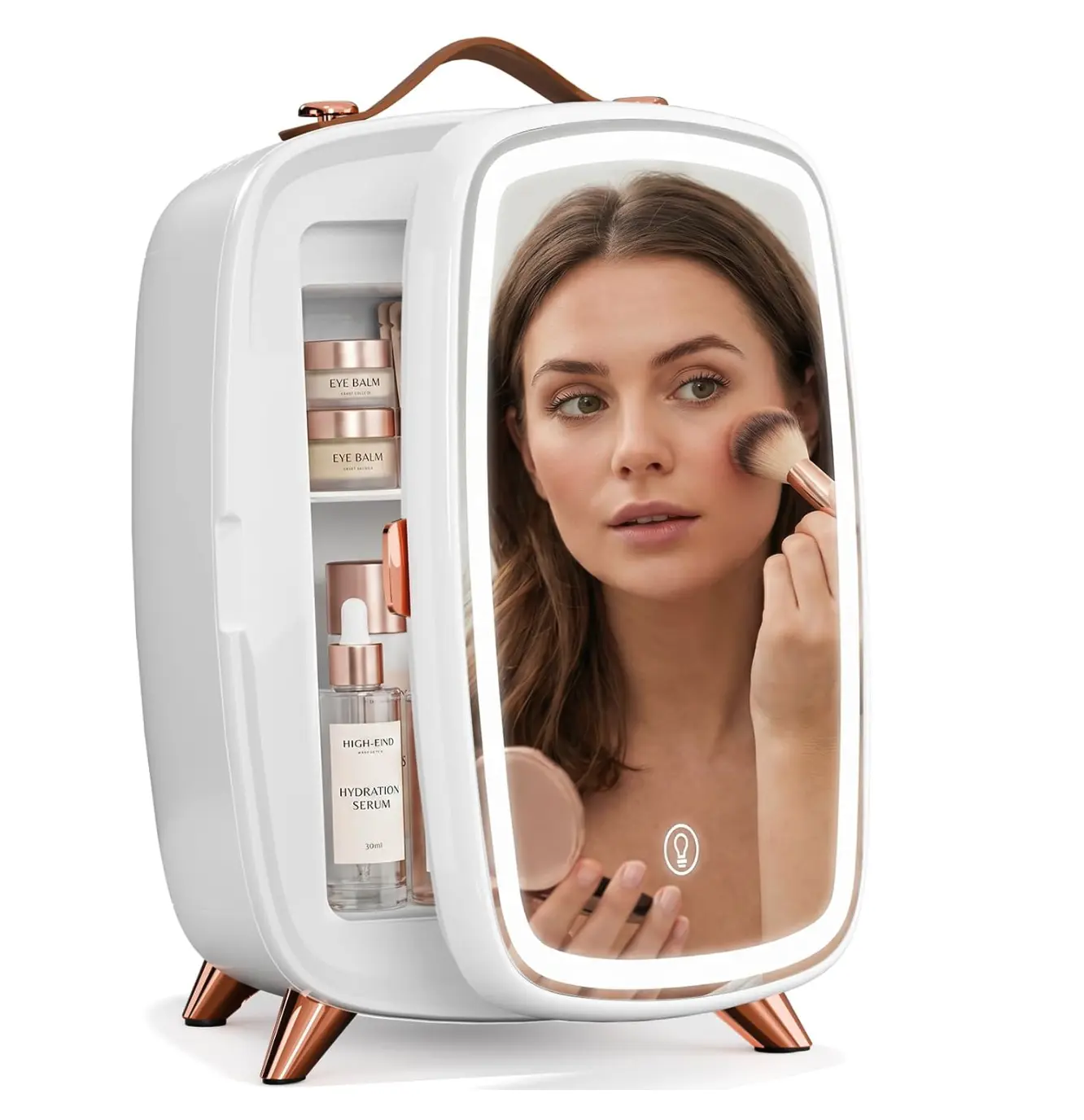 Antarctic Star 6L Mini Refrigerator for Makeup, Skincare & Face Masks - Compact, Portable Cosmetic Cooler with LED Mirror (Adjustable Brightness), Leather Handle, Cooling System for Vanity, Dorm, Office, Black