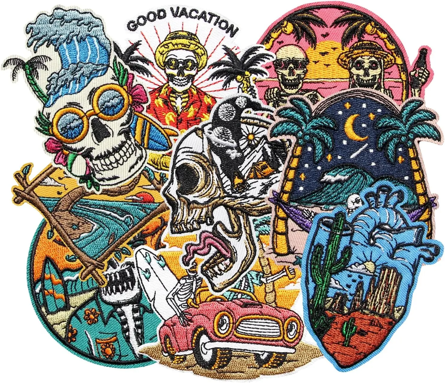 9-Piece Eco-Friendly Punk-Style Iron-On Patches - Skull Motifs, Skeleton Embroidery, Glossy Polyester Thread, Wash-Resistant Sewing Supplies for Clothing Personalization, Trucker Cap Repair, Clothing Repair