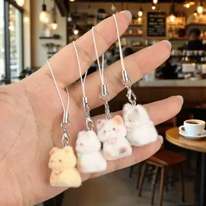 Cute Cartoon 3D Flocked Cat Resin Keychain – Plush Animal Pendant with Random Color Lanyard, Bag / Phone / Car Key / Earphone Decorative Charm Fuzzy Keychain