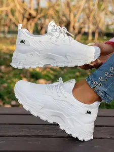 Women's White Chunky Sneakers | Breathable Mesh Dad Shoes | Lightweight Casual Platform Walking Shoes