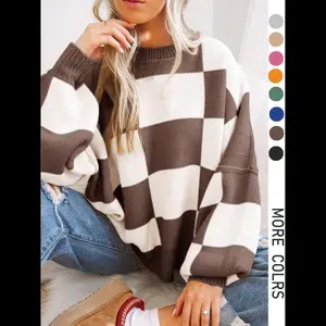 Oversized plaid off shoulder sweater, autumn and winter casual long sleeved knit sweater, women's loose round neck pullover sweater