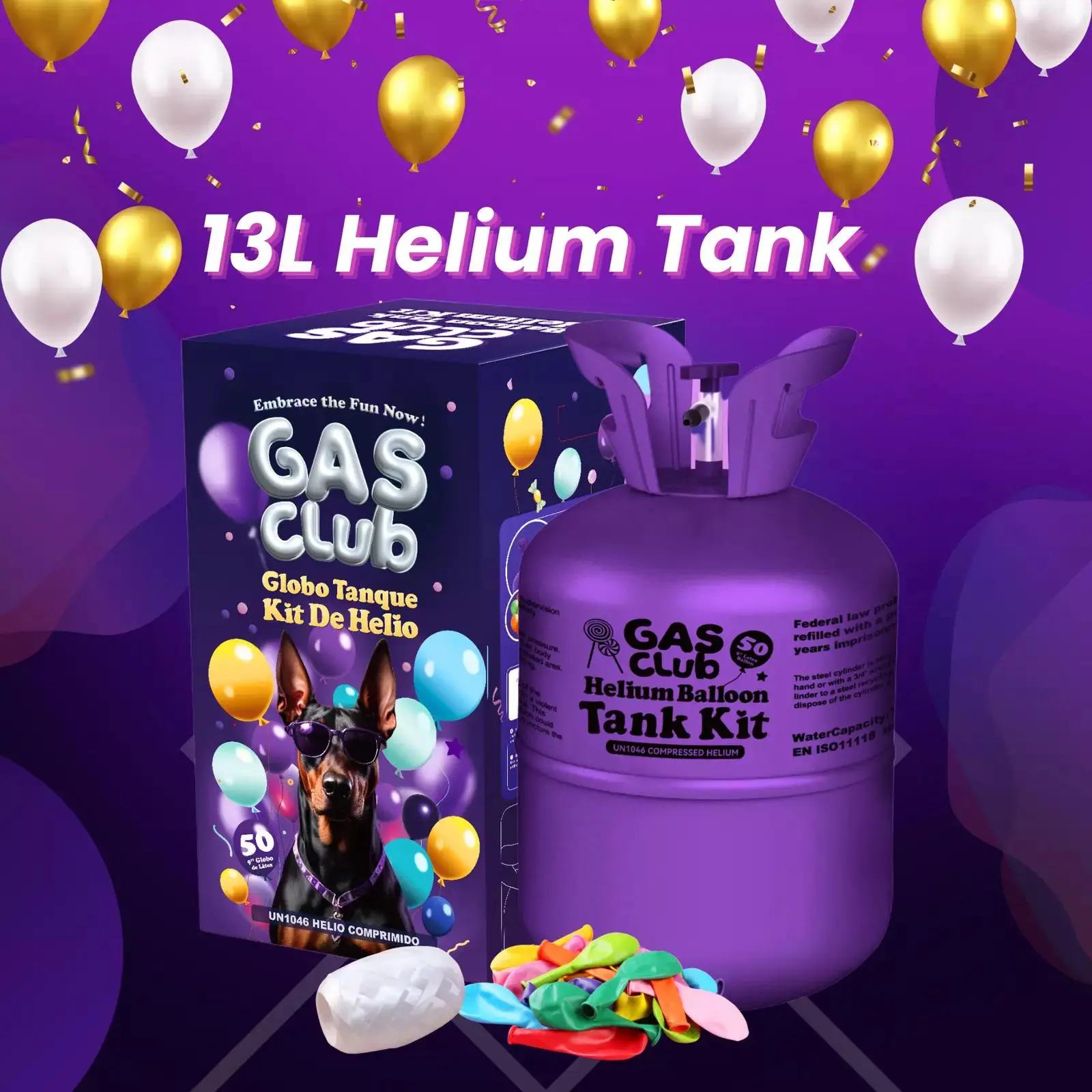 GasClub 13L Helium Tank for Home Balloons, Includes Up to 50 Latex Balloons & Ribbons, Solid Festive Party Supply for Birthday, Anniversary Decorations