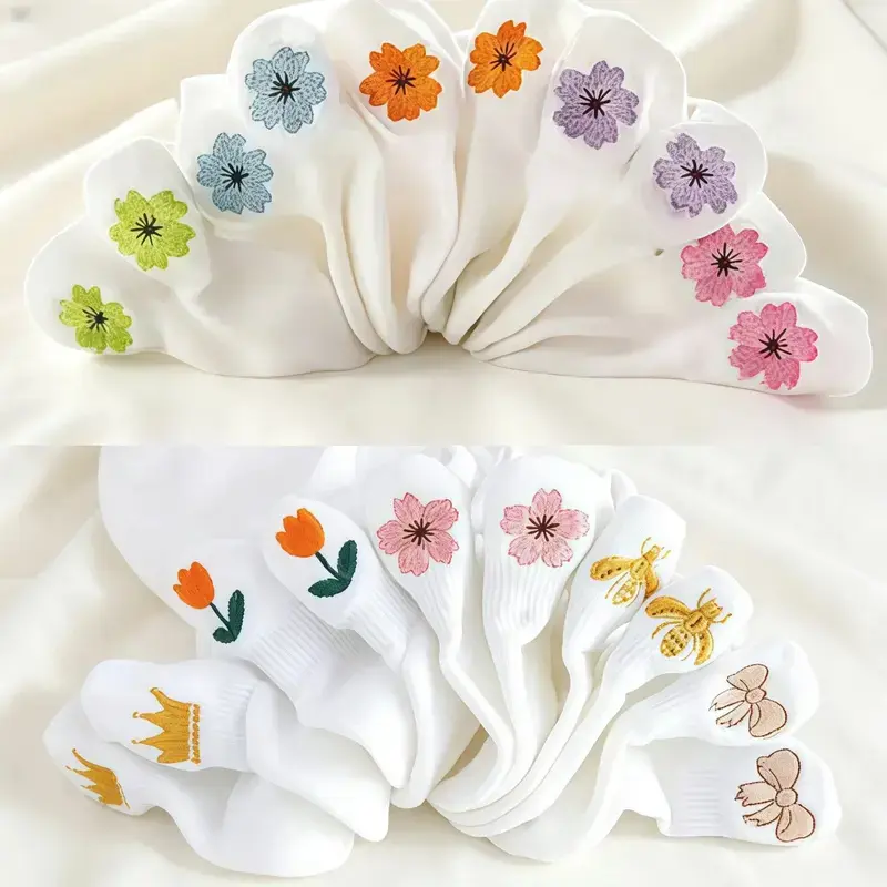 10 Pairs of Women’s Summer Ankle Socks – Assorted Colors with Floral & Butterfly Embroidery; Breathable, Comfortable, and Stylish Athletic Socks