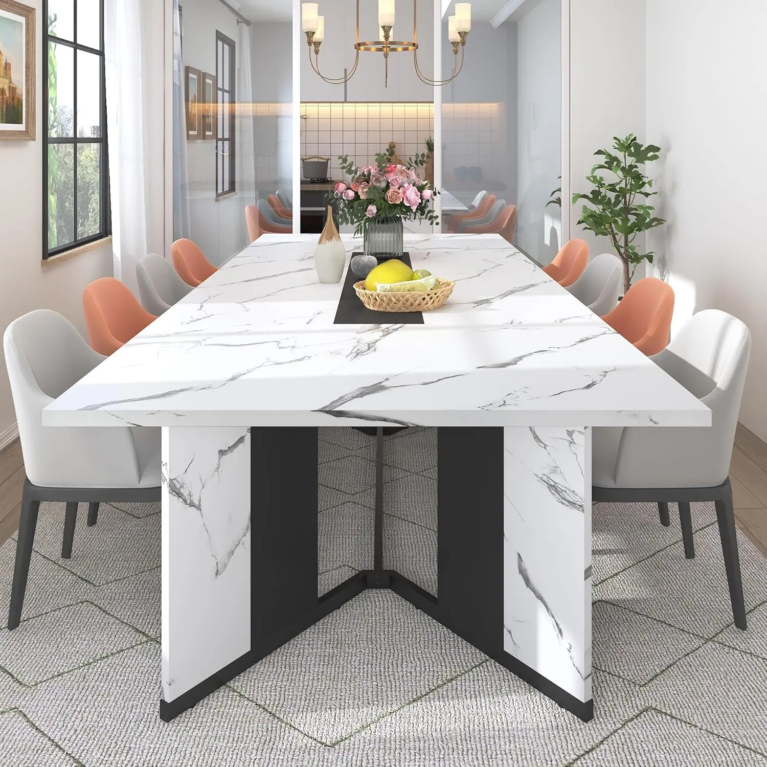 94 Inch Dining Table for 10 People,Modern Large Rectangular Kitchen Table W/Waterproof Wood Tabletop,Long Dining Room Tables W/Adjustable Legs&Metal Frame for Kitchen Living Room,Brown/White