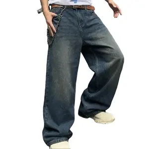 Upgraded Men’s vintage washed casual loose-fit wide-leg jeans pants; long Y2K street-style denim jeans for menswear. Perfect gift for boyfriend or husband. 13 oz heavyweight denim fabric with at least 60% cotton blend.