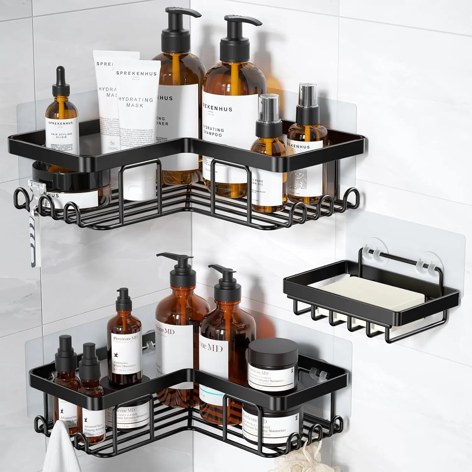 YASONIC Stainless Steel Shower Caddy Set - L-Shape Corner Wall Organizer, Rust-Resistant Powder-Coated 3-Piece Set with 12 Hooks, Soap Holder, Removable Rack, Lightweight Glass Accents, Adhesive Tape No-Drill Mount & Bubble Scraper Tool for Bathroom