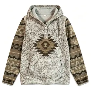 Women's Fashion Western Ethnic Print Hooded Sweatshirt, Vintage Geometric Pattern Pullover with Button Front, All-Season Casual Long Sleeve Top, for Everyday& Formal Outfits