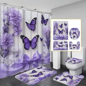 1PC/4PCS 2D Purple Butterflies and Floral Decor Multicolor shower curtain with a design for home bathroom decor, Bathroom decoration accessories, shower curtain set includes 12 hooks, non-slip bath mat, U-shaped mat, toilet seat cover, Bathroom Accessory
