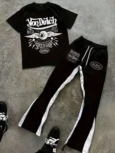 Men’s Inspired "Speed Shop" Graphic Tee & Track Contrast Side Stripe Flare Pants Pants Set | Y2K Streetwear