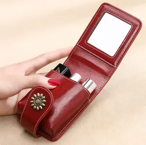 Mini Cosmetic Case with Mirror, 1 Count Elegant Faux Leather Lipstick Bag, Portable Makeup Pouch with Snap Closure, Travel Accessories, Handheld Cosmetic Pouch