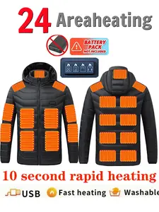 Men's Smart Heated Electric Jacket - 24-Zone Full-Body Heating, Windproof Winter Coat with Control, PP-Like Heated Area, Hooded Motorcycle Riding Jacket, Warmth (Battery Not Included), Men's Winter Jacket Menswear Tops Casual Black Long Sleeve
