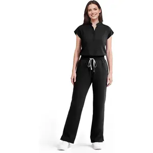 Scrubs for Women Set Soft Sleeveless Stand-Up Collar Scrub Top & Straight Leg Scrub Pant, 9 Pockets, Yoga Waistband