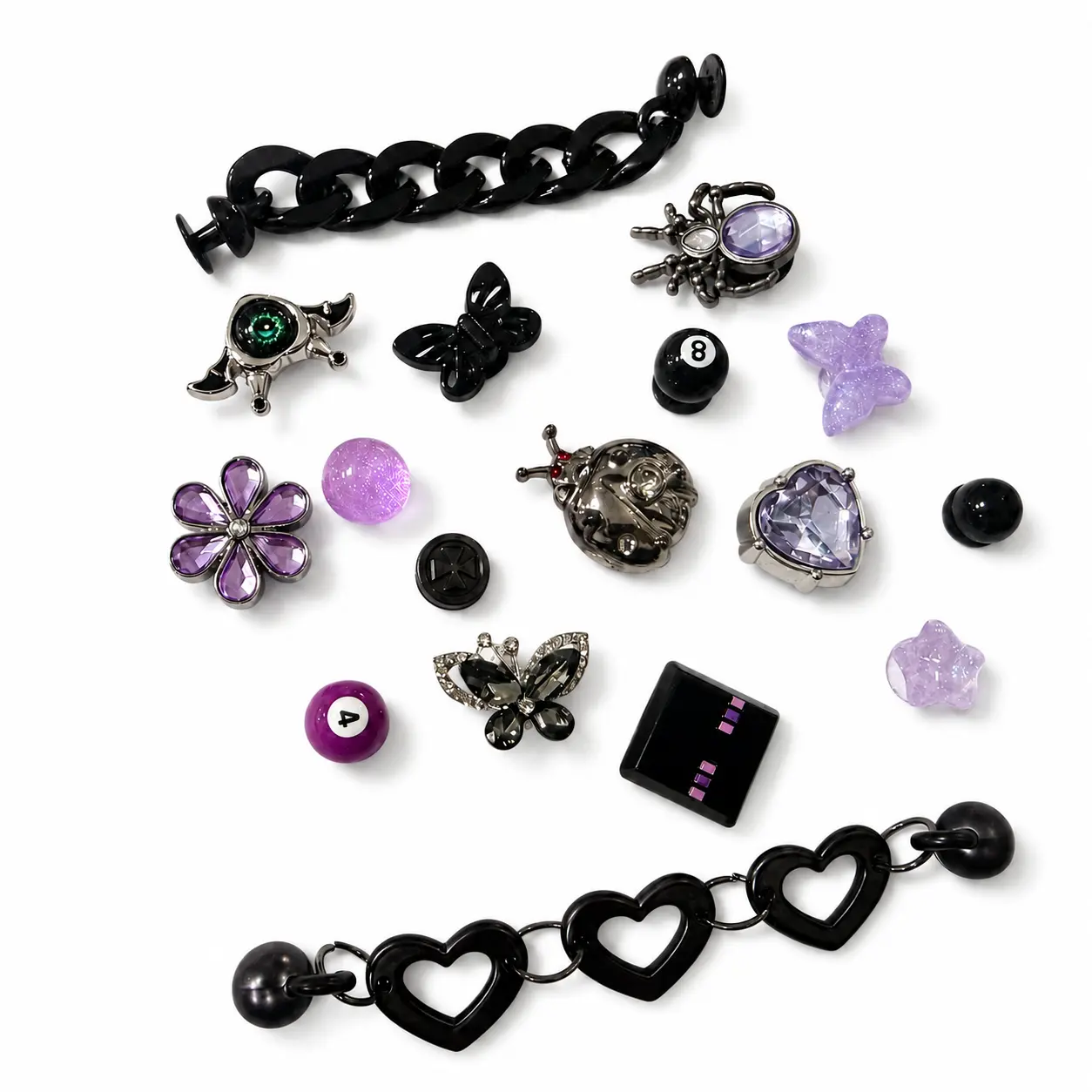 17Pcs Halloween Gothic Shoe Charms Set with 2 Chains, Purple Butterfly Spider Eye Heart Charms for Clogs & Sandals