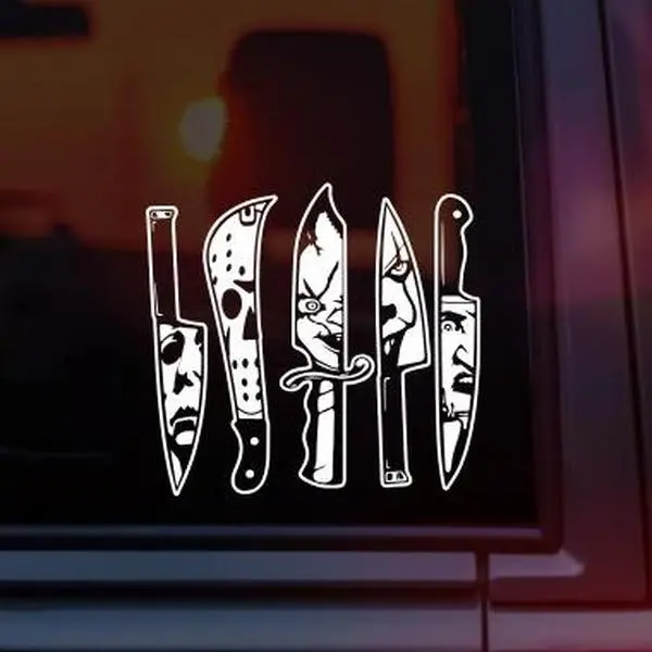 Horror Villains Knife Vinyl Car Decal – Michael Myers, Jason, Chucky, Pennywise & Freddy Inspired Slasher Sticker – Halloween Horror Fan Car Window Decal