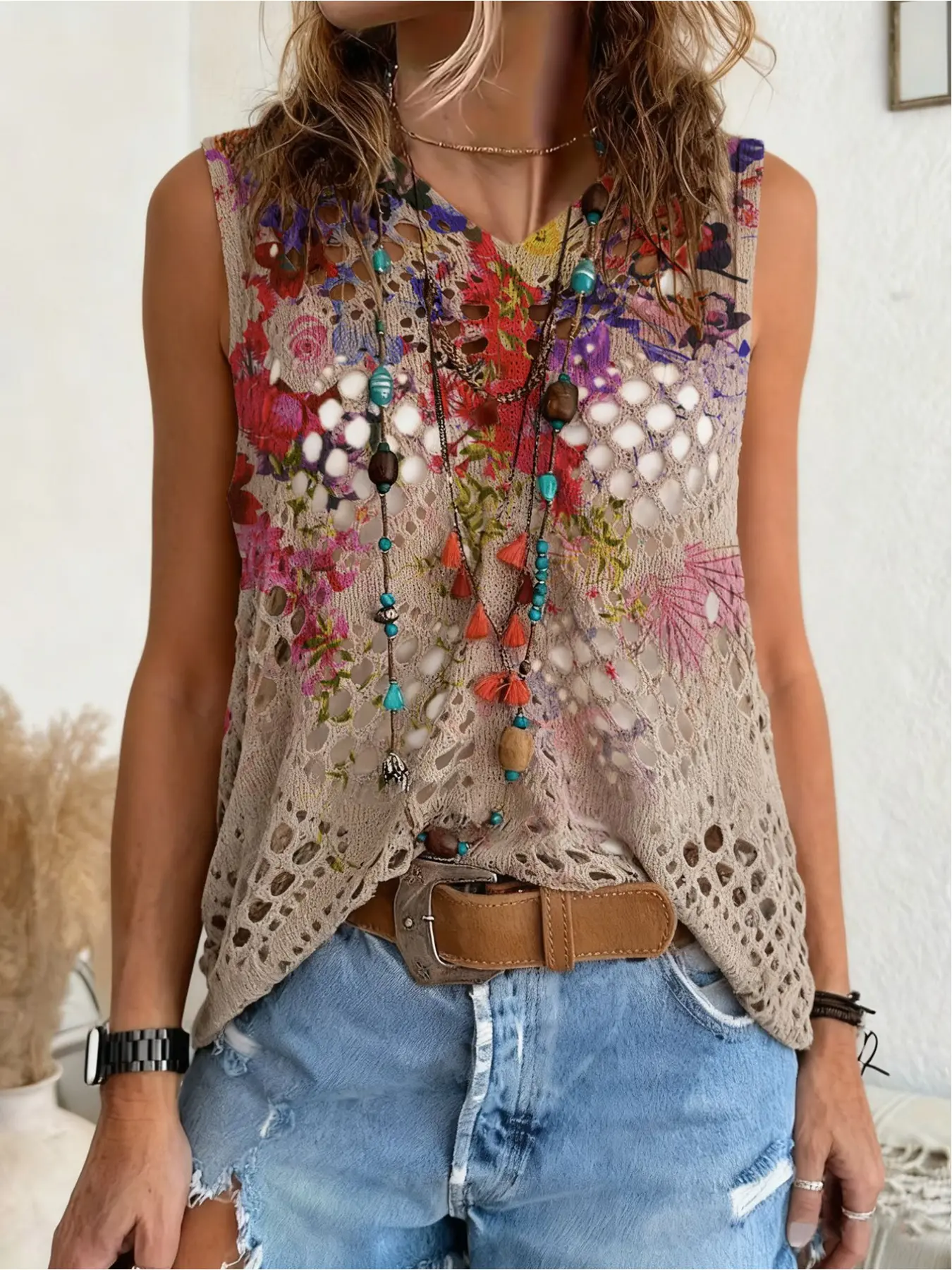 Spring/Summer Collection, V-neck diamond hollow-out shoulder-connected sleeveless cardigan, contrast color floral print women's knitted top, vacation style, casual, Boho, commute-friendly, women's vest cardigan, bikini cover-up, bohemian vacation styl