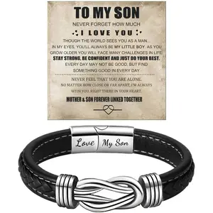 Son's Infinity Knot Bracelet, To My Son Infinity Knot Leather Bracelet From Mom Forever Linked Together Bracelets for My Son Stainless Steel Engraved  for Birthday Christmas