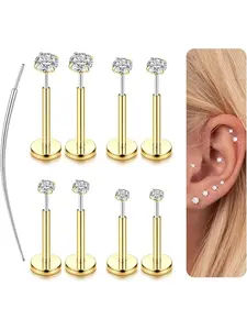 14K Gold Plated Threadless Nose Studs CZ Nose Rings for Women Men 316L Steel Labret Studs Lip Rings Push in Flat Back Stud Earrings CZ Nose Nostril Tragus Helix Piercing Jewelry Hypoallergenic 20G 18G 16G Body Piercing Jewelry
