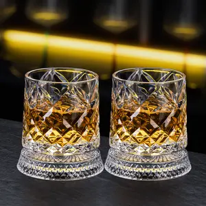 Rotatable Diamond Crystal Whiskey Glass, 275ml Heavy Weighted Spinning Tumbler Lead-Free Clear Glass Cup for Bar Home Office