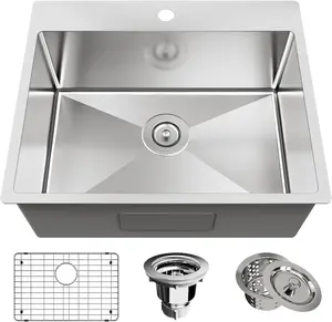 Kitchen Sink Stainless Steel 25 x 22 Inch Single Bowl Drop In Kitchen Sink Topmount 18 Gauge Stainless Steel Kitchen Sink Single Basin with Bottom Grid Drain Strainer Set