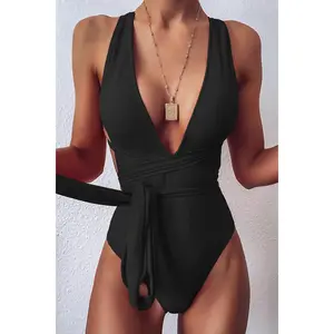 Black Deep V-Cut Cheeky One Piece Swimsuit Monokini
