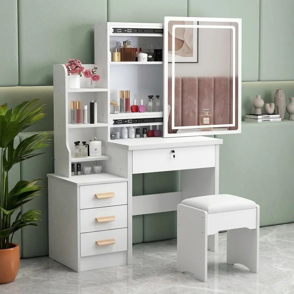 Sturdy Minimalist White Makeup Vanity Desk with Sliding LED Mirror & Stool, 34.8" Space-Saving Bedroom Furniture, Touch Control 3-Color Adjustable Lighting, Vanity Organizer, Ideal Gift for Girls, Mother, Daughter