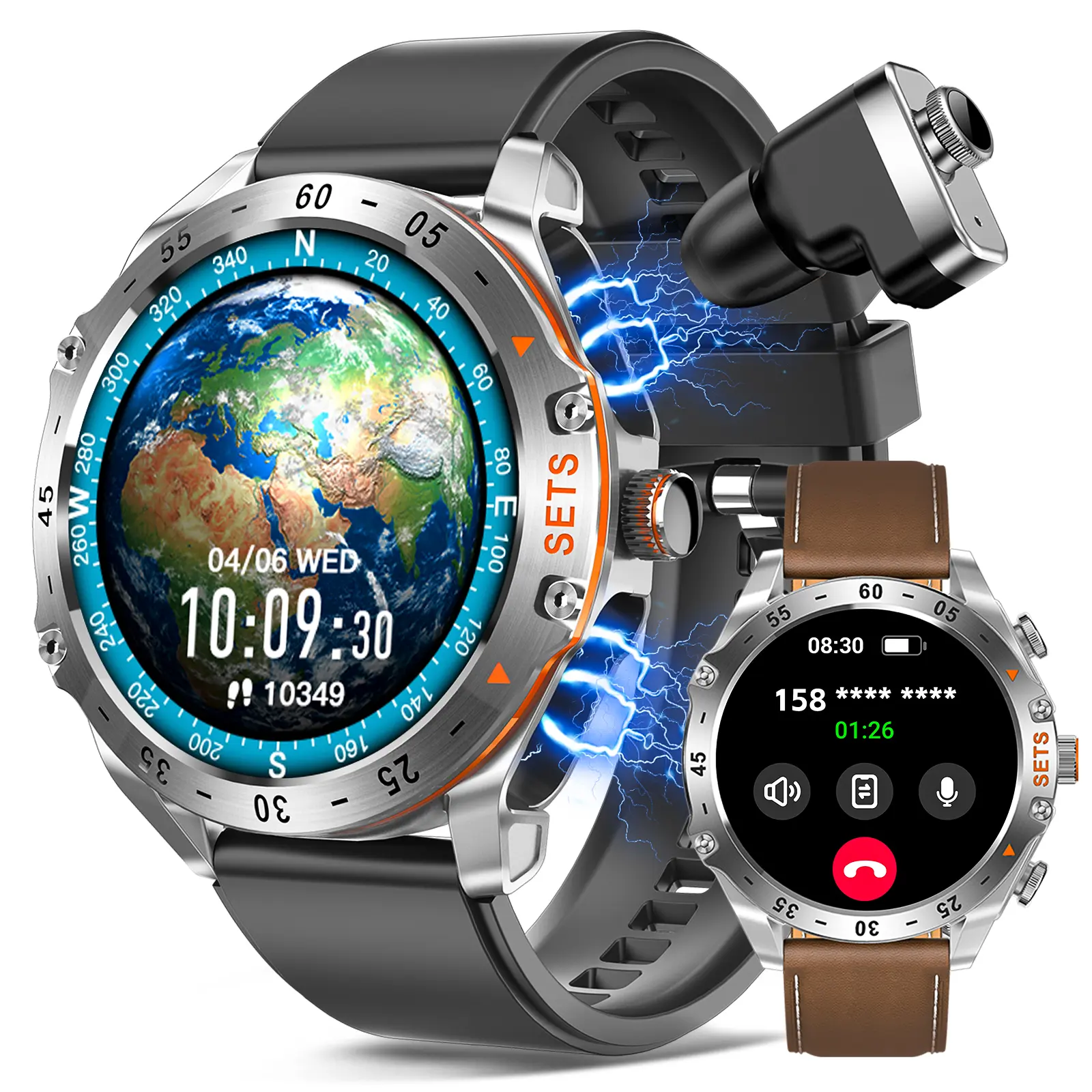 EIGIIS 2-in-1 Smart Watch with Built-in Wireless Earbuds for Men, Rugged Smartwatch (Answer/Make Calls), Durable Sport Watch with Pedometer & Weather Forecast, Tech Gadget Digital Watch Gift for Men Android iOS