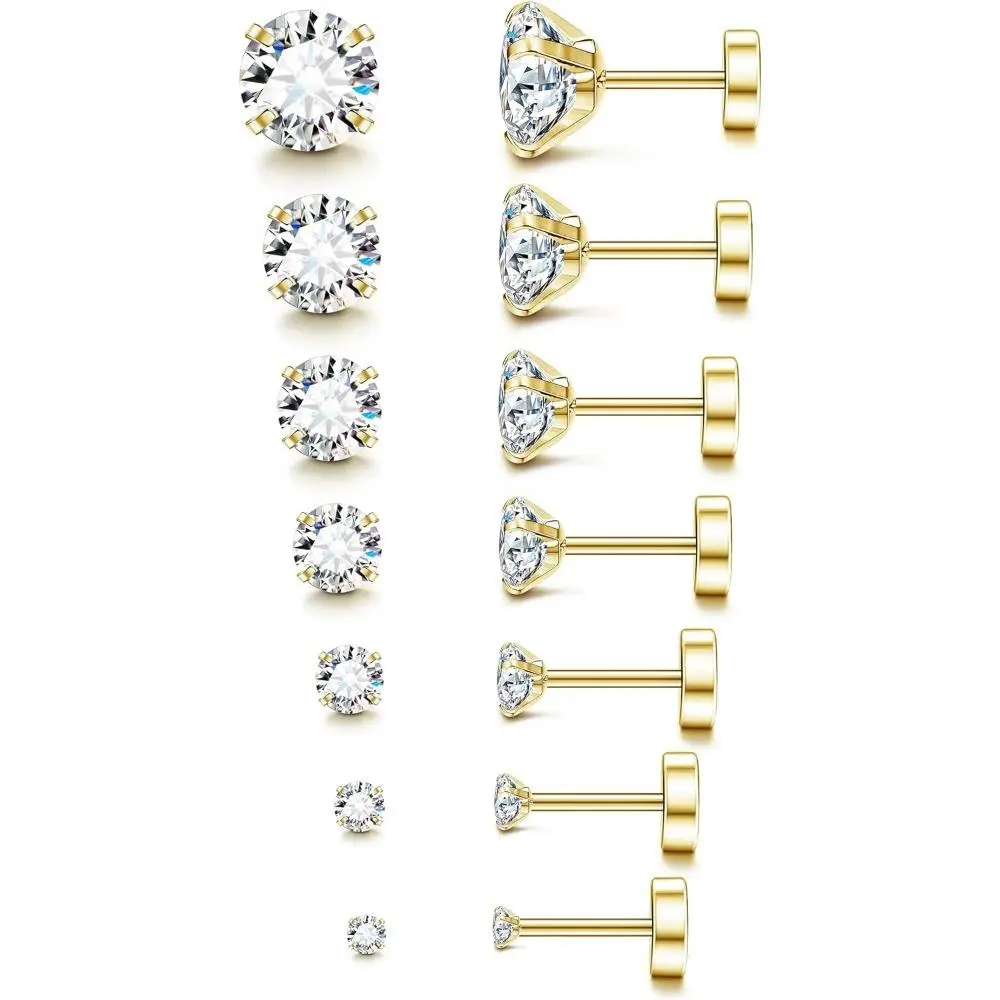 FLORIDECO Unisex 6-7 Pairs 20G Stainless Steel Hypoallergenic Cubic Zirconia Stud Earring Stack, Flatback for Cartilage Piercings, Daily Wear Jewelry,summerwins