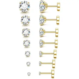 FLORIDECO 6-7 Pairs Stainless Steel 20G Hypoallergenic Cubic Zirconia Stud Earrings for Women Men Flatback Piercing Ear Cartilage Daily Wear