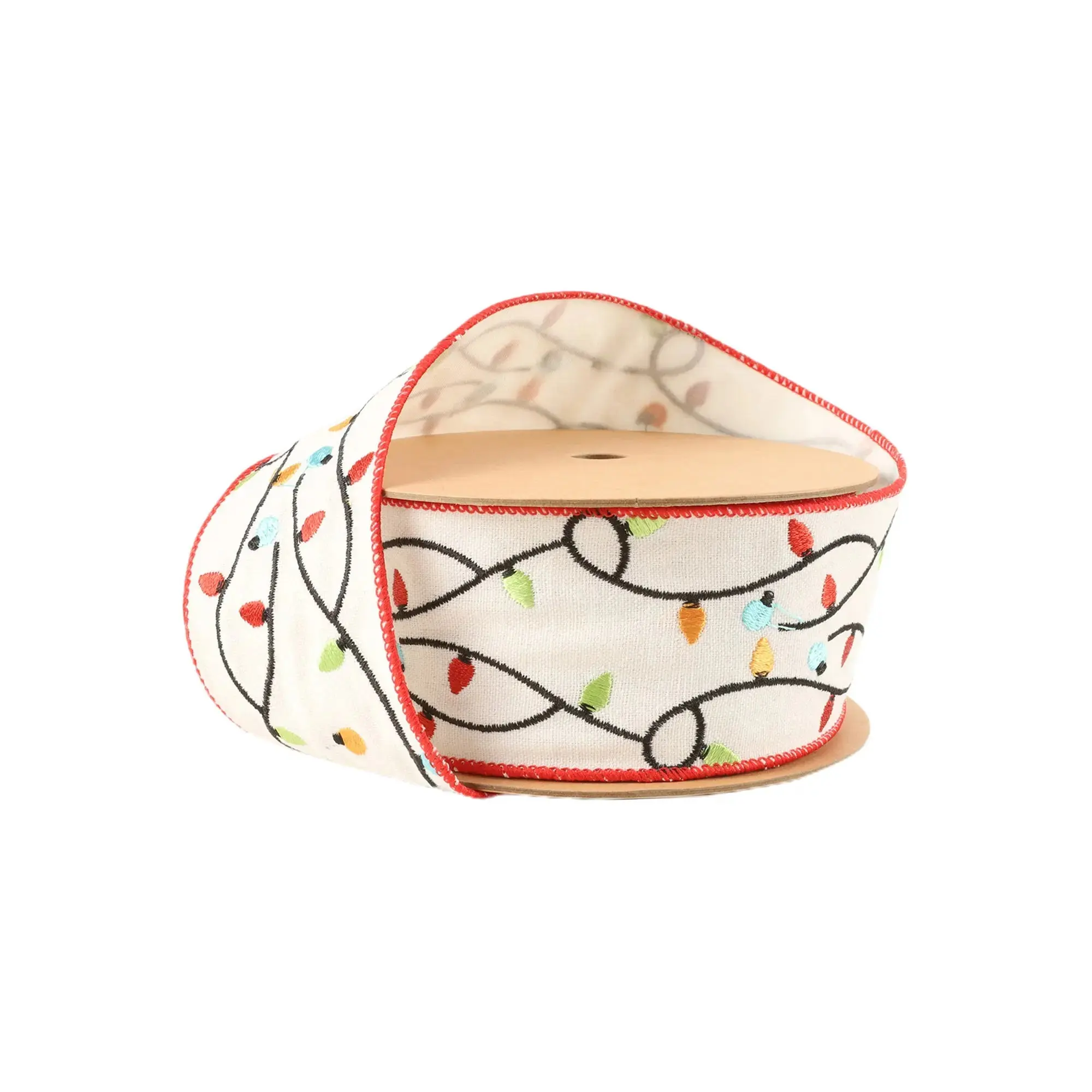 2.5" Wired Ribbon with Embroidered Christmas Lights, Festive Decor & Gift Accessory, 5-Yard Roll for Easy Bow Making