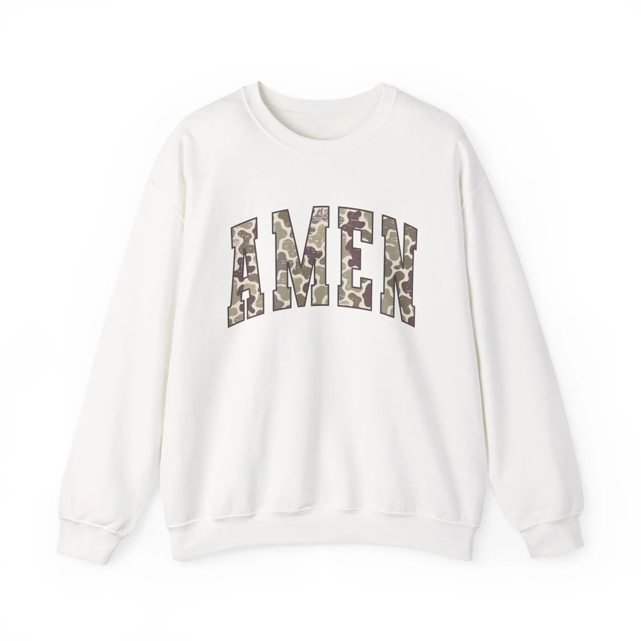 Camo Amen Women's Crewneck Sweatshirt, Camouflage Long Sleeve Jumper, Religious Camo Sweater, Prayer Print Pullover Top, Christian Fashion