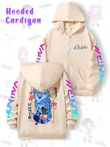 Girls Kpop Demon Hunters Korean Fashion Cartoon Print Hoodie, Casual Comfortable Loose Zipper Sweatshirt, Creative Derpy Floral Anime Sportswear for Spring