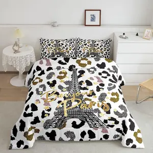 Feelyou Queen Size Comforter Set - Eiffel Tower Themed, Leopard & Cheetah Print, Luxury Super Soft Microfiber, Bedroom Decorative Bedding Set, Bedroom Bedding Set