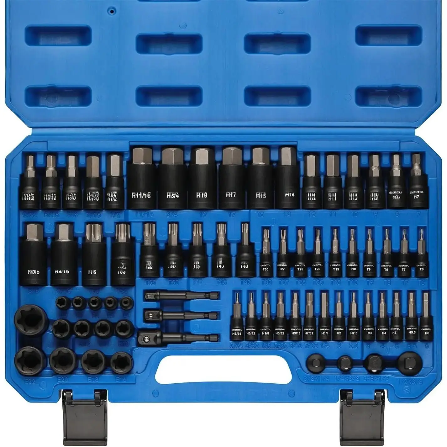 71-Piece Torx & Hex Bit Impact Drive Socket Set, Heat-Treated S2 & Chrome Vanadium Steel Tools, 1/4"-1/2" SAE/Metric Drives, E4-E24 Inclusions, Drill Adapter for Strength Training Equipment Maintenance, Mechanic Tools, Drive Sockets