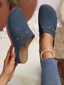 Women's Round Toe Slip-On Shoes, Wedge Heel Hollow Out Design, Beaded Leather Craftsmanship, Unique Floral Pattern, Comfortable Casual Mules, Hollow Out Clogs
