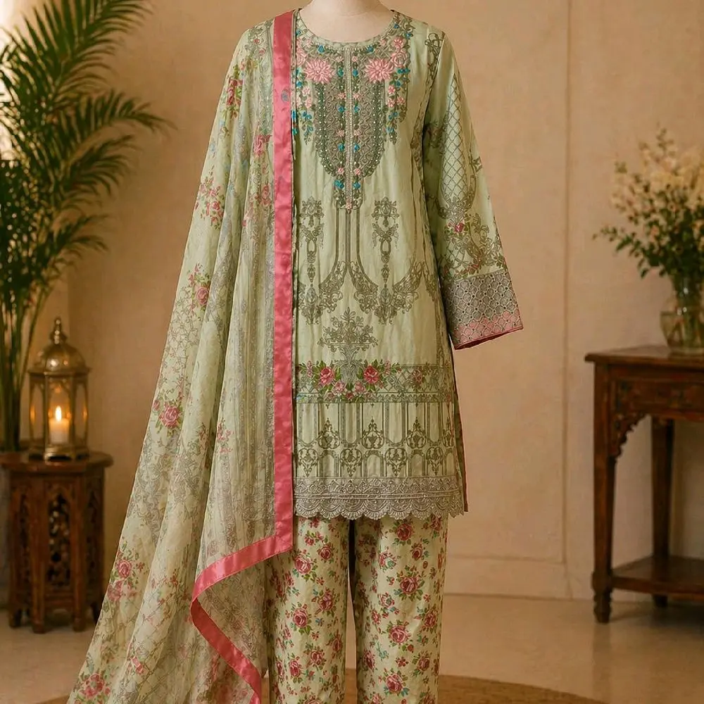Kameez Shalwar Three Piece Set with Floral Embroidery and Pink Trim for Women