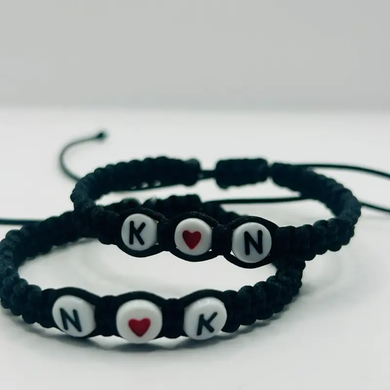 Matching BF and GF Couples Initial Bracelet Set, Personalized Braided Bracelets with Custom Letters & Heart Charm, Daily Wear Perfect Gift for Love Stories, Red and Black 2-Piece Set