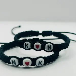 Couples Initial Bracelet Set Personalized Braided Bracelets with Custom Letters & Heart Charm Perfect Gift for Love Story Red and Black Set of Two